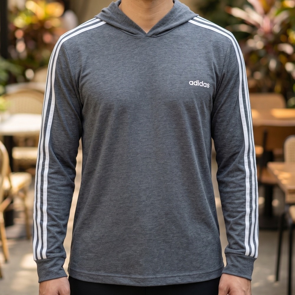 Adidas Mens Essentials 3-Stripes Pullover Hoodie Heather Grey Long Sleeve